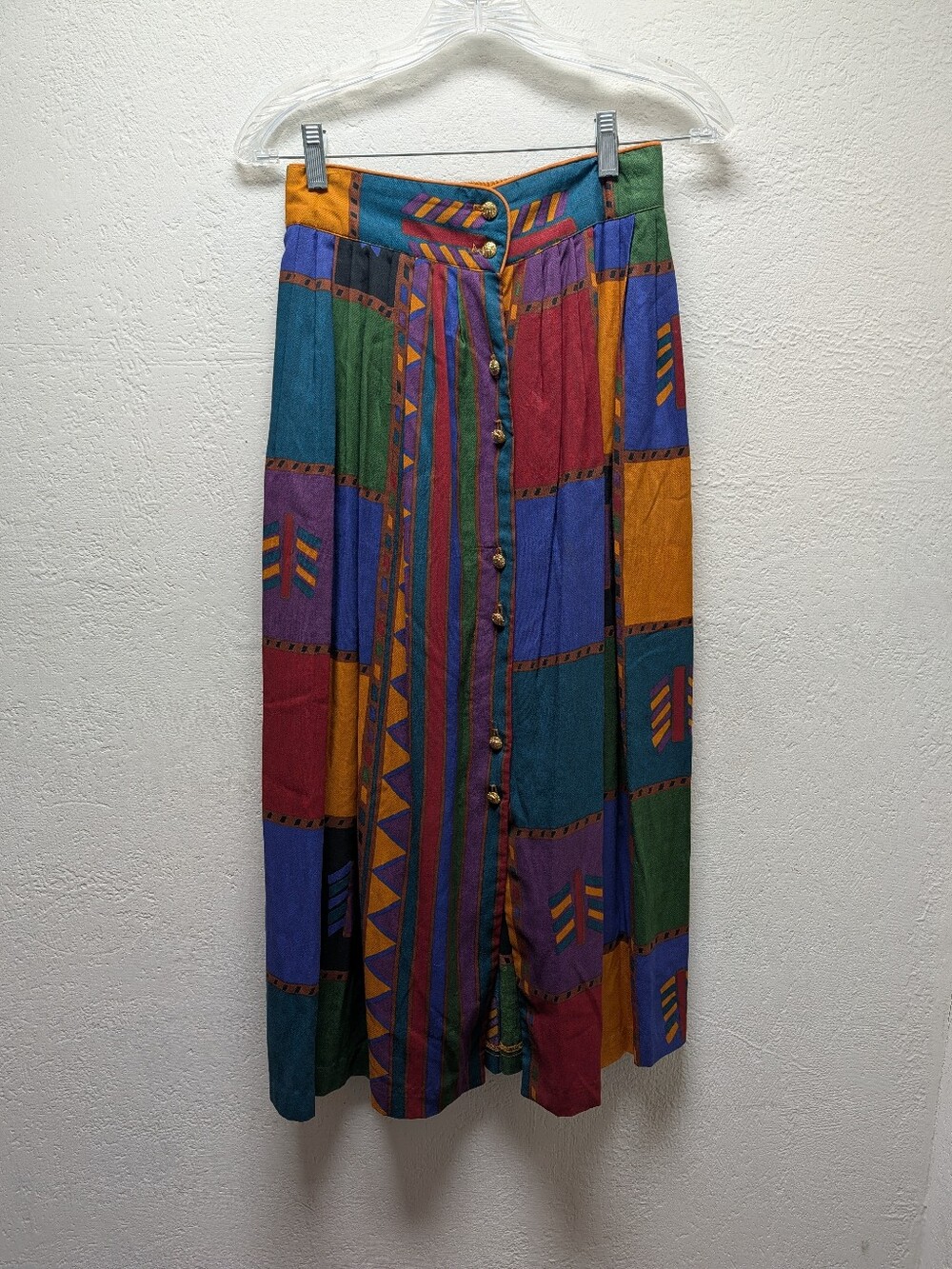 Vintage AKF New York Patchwork Midi Skirt Geometric Color Block Pattern Sz Small